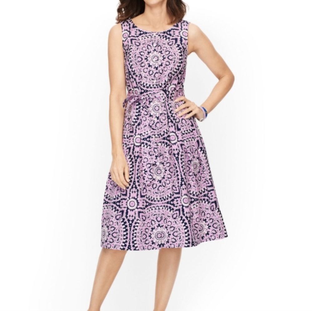 Talbots Poplin Fit & Flare Dress Medallion Button Front Waist Tie Purple 16